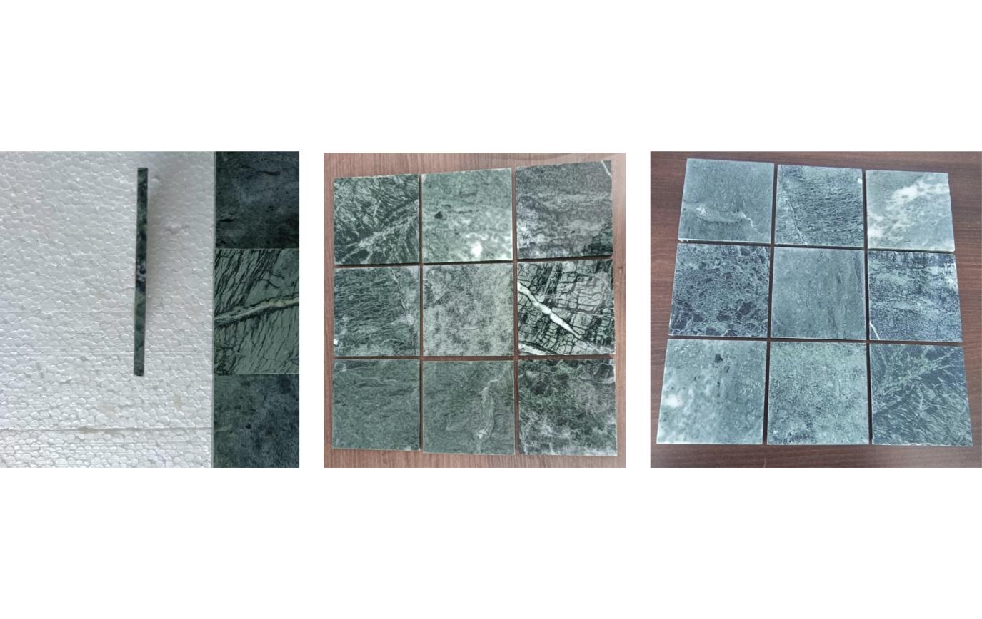 Shade range of Indian green marble tiles from Udaipur — dark forest green, medium green and spider-veined samples
