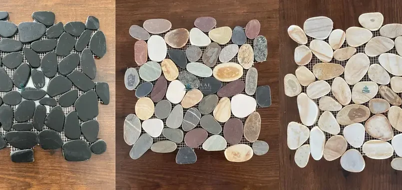 Three pebble mosaic sheets side by side: black sliced pebble, mixed-colour river pebble and tan and white river pebble