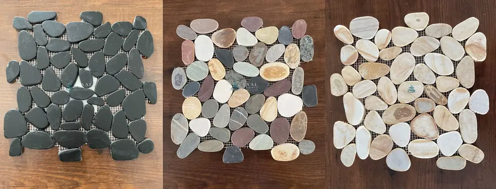 Three pebble mosaic sheets side by side: black sliced pebble, mixed-colour river pebble and tan and white river pebble